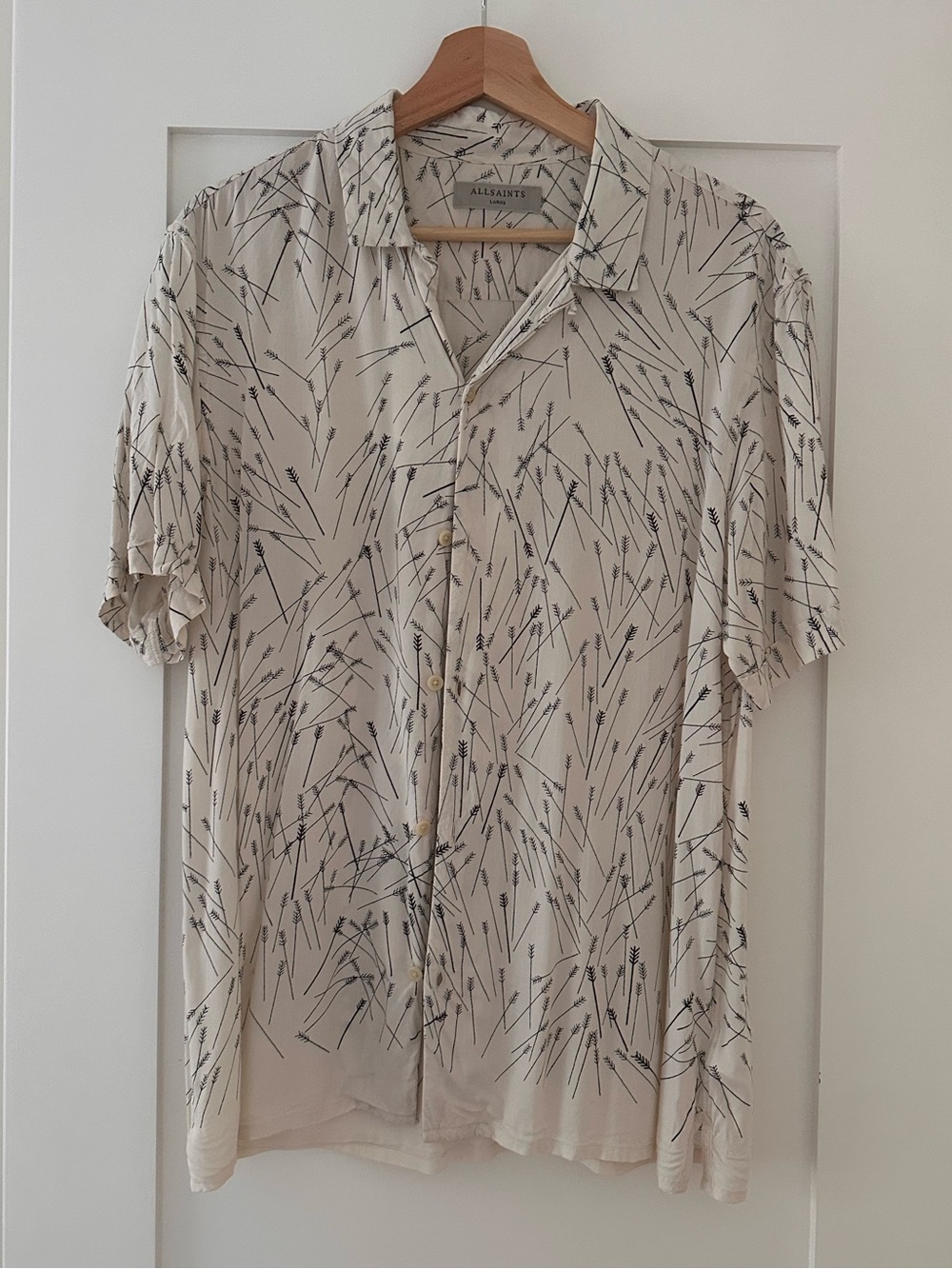 AllSaints Cream Short Sleeve Button-Up with Black Abstract Print
